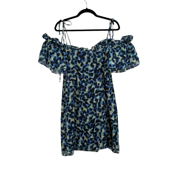 Topshop Frill Bardot Tie Off Shoulder Blue Leopard Animal Mini Dress 14 NWT - Picture 1 of 13